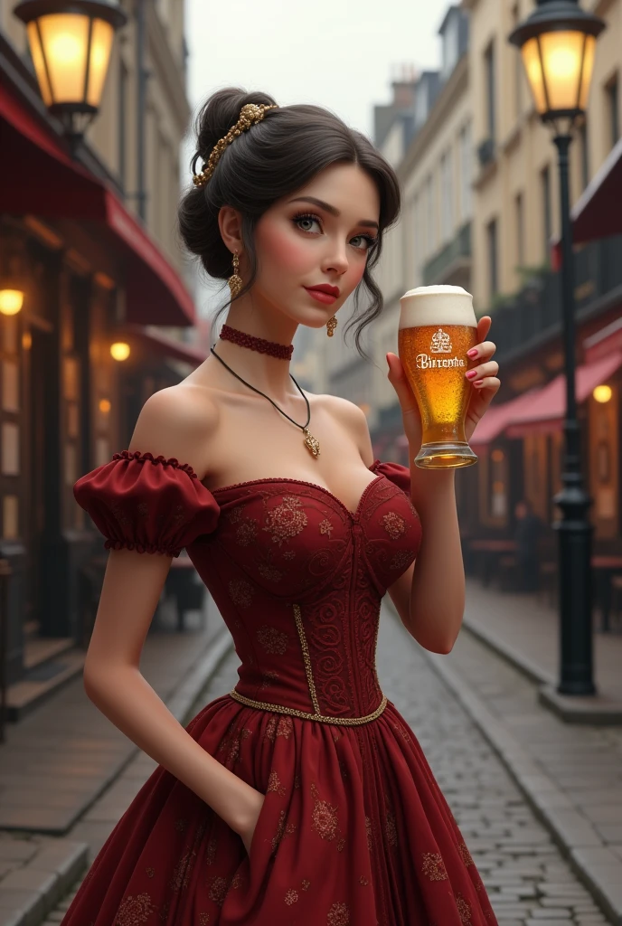 European woman, 30 years old, in.a fantasy world , a outdoor market with customers, waitress uniform, apron, Corset , long dress, glasses, Dark hair, red lips, Eye shadow, natural makeup, braided hair, beautiful chest, big breasts,Second Life Avatar, Beautiful screenshot, Second Life, attractive woman, high quality, highly detailed skin