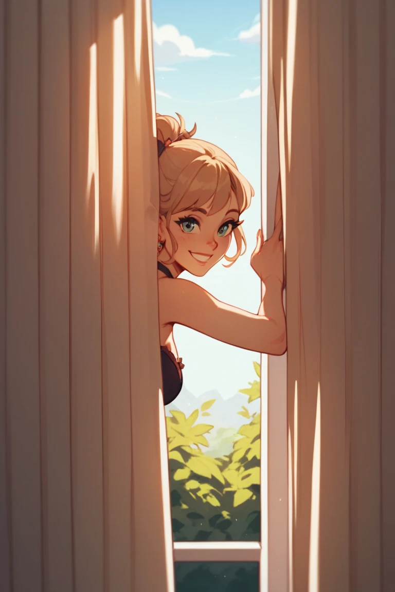 score_9_up score_8_up score_7_up, 1girl , peeking out, curtains, smile
