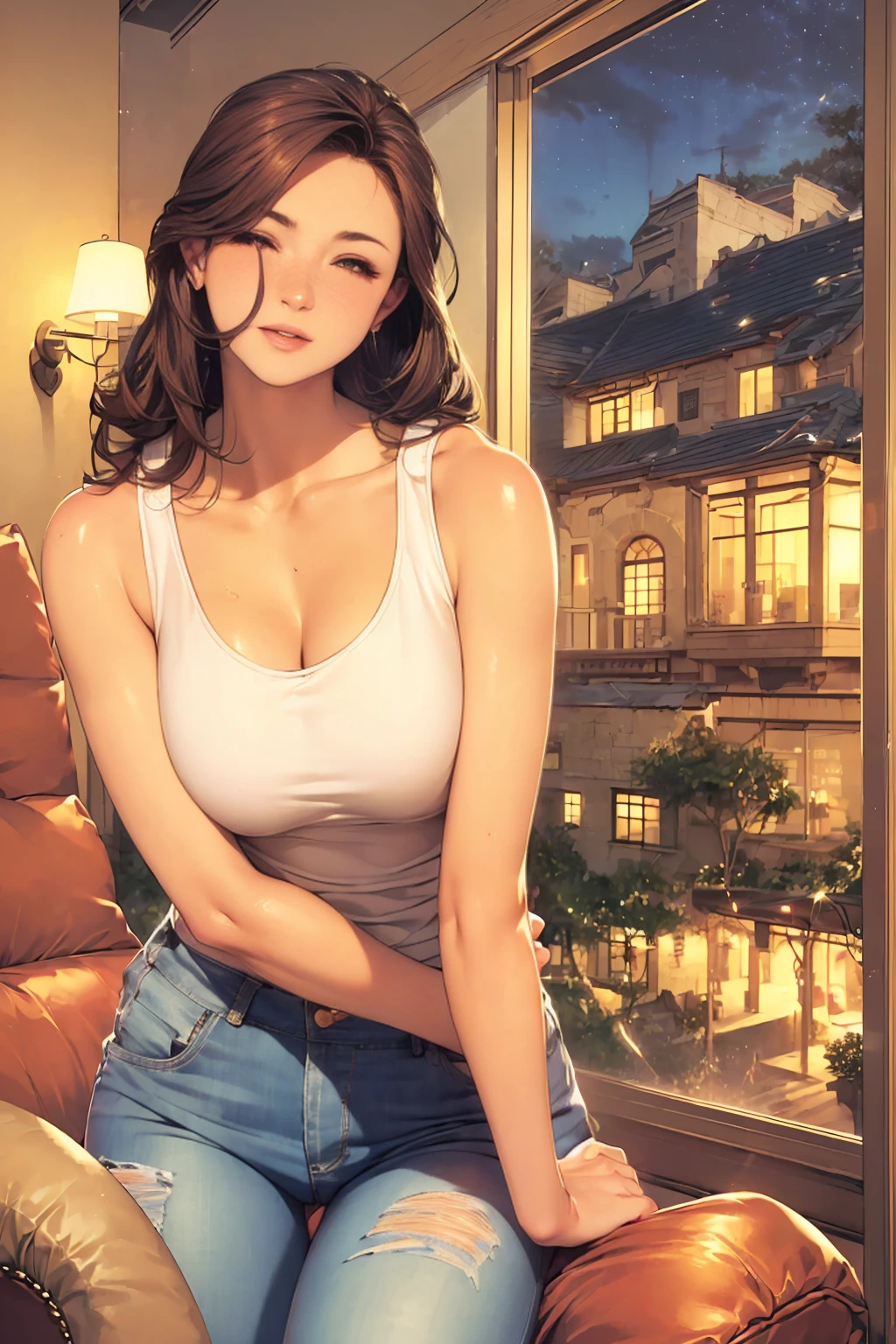 ((masterpiece, best quality, cinematic, photorealistic, ultra-detailed)), ((wide shot, full body visibility, from behind)), ((alluring girl)), mini bikini , thong, detailed nipples, triple D cup breasts, exposing her breasts to her boyfriend, big ass, (((big round buttocks))), naked, nude, ((voluptuous body, perfect anatomy, sexy body)), ((glossy red skin, feeling hot)), ((loose beachy waves hairstyle, subtle caramel highlights hair color)), (perfect hands, perfect eyes), (large cleavage, long round legs), ((wearing an off-the-shoulder crop top in a soft lavender color:1.2)), ((wearing high-waisted denim shorts in a light wash:1.3)), ((delicate silver necklace)), ((navel)), ((dynamic background)), ((sensual pose, leaning on a tinted glass wall))