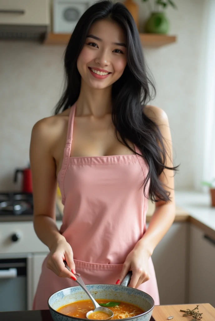 Asian Beauty A masterpiece of a beautiful woman standing naked in the kitchen wearing an apron, Best Quality, japanaese girl, 8K, Raw photo, top-notch quality, masutepiece, nffsw:1.2, exceptionally detailed RAW color photo, professional-grade photograph, (Realistic, Photorealistic:1.37), (highly detailedskin:1.2), Ultra-high resolution, (lenz 50mm), (masutepiece, top-quality:1.3)(4 Unparalleled beauty:1.5),Happy smile,8K,RAW portrait of a group of girls,80mm,