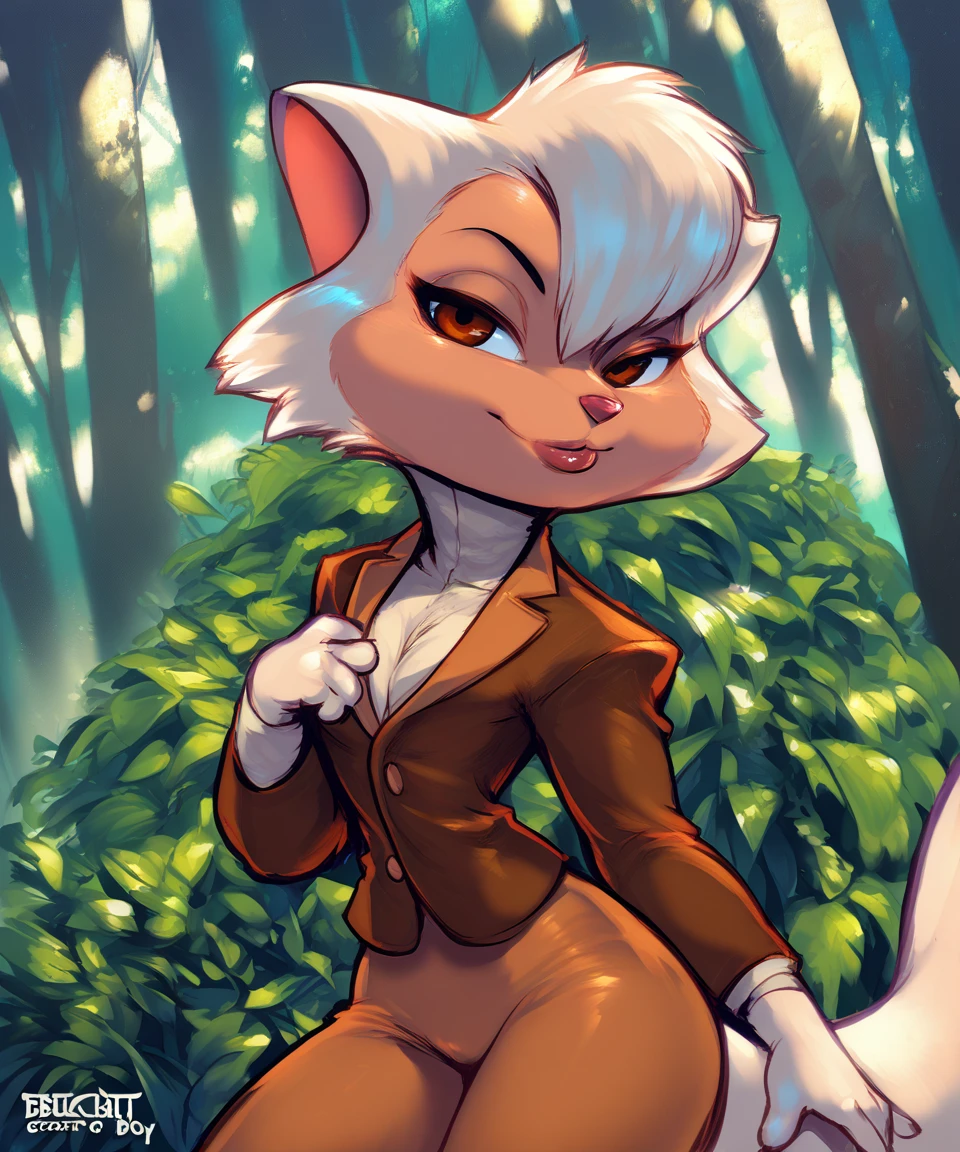 source_furry, solo, sawyer, female, brown eyes, brown suit, bedroom eyes, seductive, nature, by teckworks,by blackshirtboy,by 0r0ch1, score_9, score_8_up, score_7_up, score_6_up, score_5_up, score_4_up