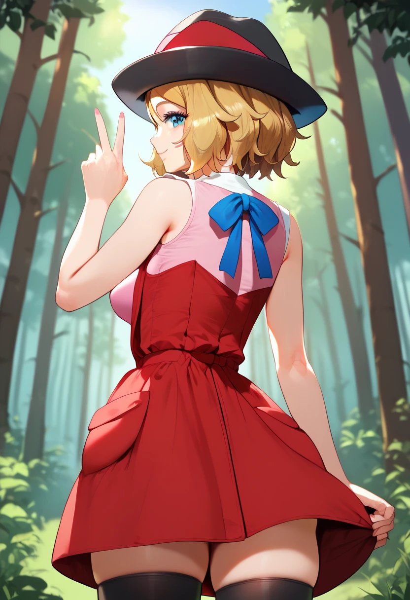 (Masterpiece, Ultra-high resolution, 8k, High Quality, Top quality, Cinematic Shadow:0.5, Beautiful Detailed Eyes, Ultra Resolution, Depth of Field, High Resolution, Masterpiece: 1.2), (Anime Art style), (cowboy shot), (upper body), (forest), 1girl, solo, serena \(pokemon\), 1girl, blue eyes, eyelashes, short hair, blonde hair, hat, neck ribbon, blue ribbon, pink shirt, sleeveless, bare arms, red jacket, pink skirt, black thighhighs, boots, beautiful breasts, smile, peace, thick thighs, from below, legs close together, from behind, back view