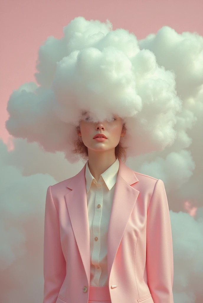 Surrealistic photograph of a girl in a business pink suit, with her head covered with large fluffy cotton clouds, face not visible. pastel color scheme with a retro-futuristic 1970s mood.


