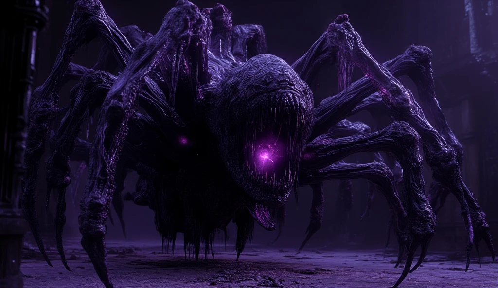 A nightmarish long grotesque monster with a hundred human hands is a monster. It is black in color and very large, resembles a centipede. She has a purple portal in her mouth, hiding behind sharp teeth. The body is covered with purple veins. Dark purple lighting. It's a dark night.