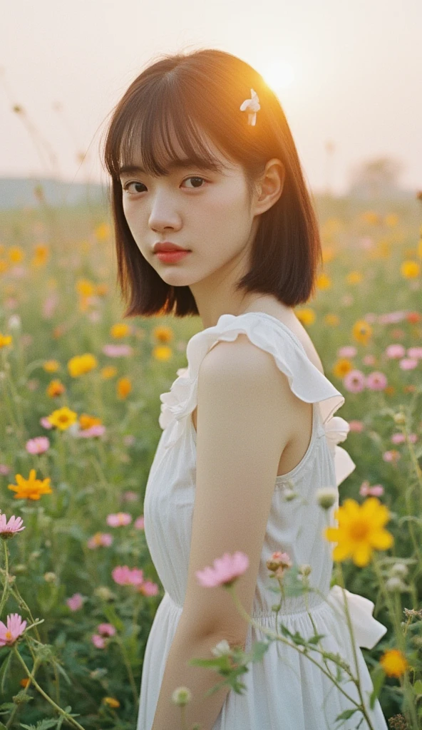 A 15-year-old girl with short black hair, white hairpins, and bangsมwearing a white, sleeveless dress adorned with ruffled shoulders. She stands in a sunlit meadow, surrounded by wildflowers, including pink and yellow blooms. The soft, golden light of the setting sun illuminates her face, creating a warm, serene ambiance. The background features a hazy, pastel-colored sky. Likely shot with a DSLR camera, settings: aperture f/2.8, shutter speed 1/250s, ISO 100.