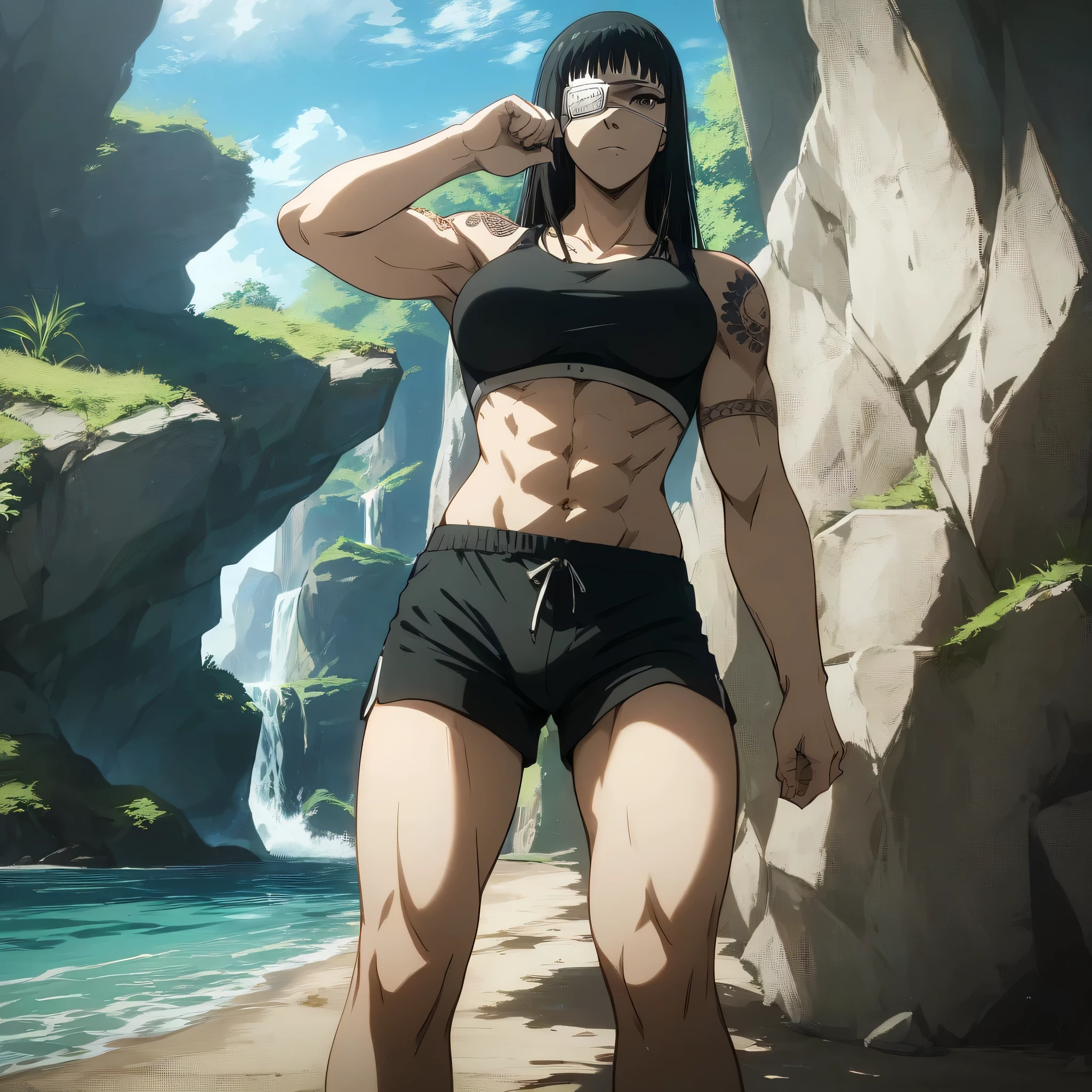 score_9, score_8_up, score_7_up,score_6_up,high resolution,source_anime,s0fiavalm3t,1girl,eyepatch,black hair,long hair,,water,rocks,,full body,,looking at viewer,pov, tattoos on shoulder,wearing sport bra,black sport shorts,Barefoot,training hard,Parkour,sporting attraction,too white skin color,standing strong pose,A bulge between the legs indicates an penis inside  shorts. 