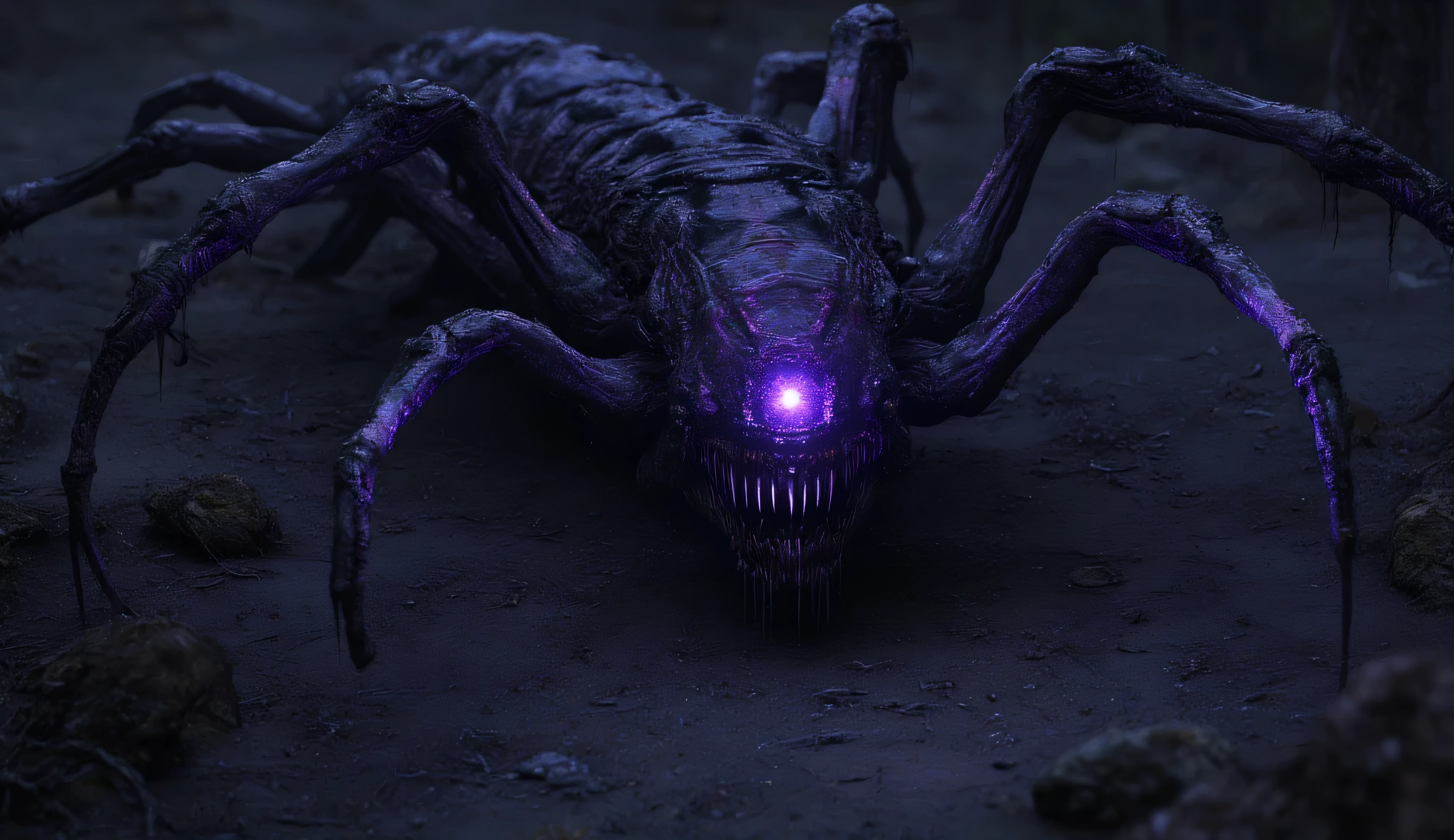 A nightmarish long grotesque monster with a hundred human hands is a monster. It is black in color and very large, resembles a centipede. She has a purple portal in her mouth, hiding behind sharp teeth. The body is covered with purple veins. Dark purple lighting. It's a dark night.