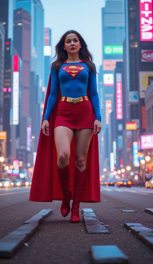 Hania Amir in Supergirl costume, HD, remastered, HQ, 4K quality, cyberpunk cityscape