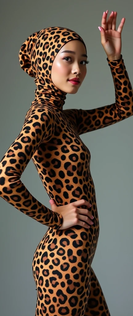 the beautiful,slender thin and prettiest Malaysian muslimah adult girl with beautiful cheeks wears leopard print lycra turtleneck unitard catsuit covered with seamless spots and always wear leopard print lycra elastane stretchy dance wear hijab covered with seamless spots.She has beautiful lips
