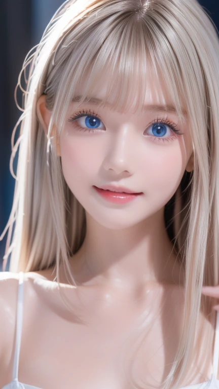 The pieces fly,  top quality, figure, Very detailed,  Details,  high definition , 8k Dende wallpaper, 完璧なダイナミックな構figure,  precise and beautiful eyes,  dress,  super long platinum blonde hair,Bangs that flow between the eyes、 Hair above chest eyes ,  natural color lip ,  random sexy poses , has a smiling face ,  beautiful girl， cute type、 big, bright light blue eyes shine so beautifully、Very big eyes、 Cheek highlights 、Very white and beautiful skin、Glowing Skin、Small Face Girl