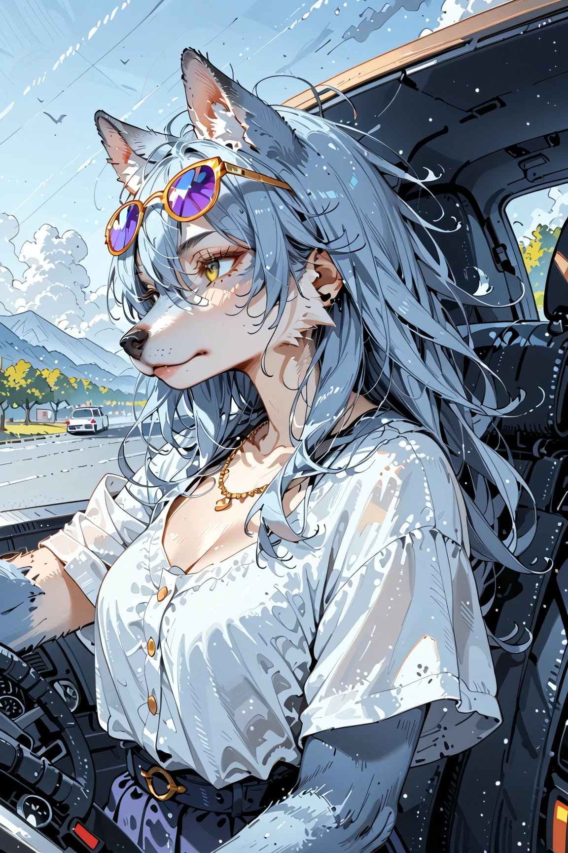 (couple of wolf:1.3),1girl\((wolf:1.4),(kemono),(furry),sunglasses,(driving convertible car)\),1girl\((wolf:1.4),(kemono),(furry),breast,drinking\),.dynamic angle,dynamic blur,dynamic car action,. score_9, score_8_up, score_7_up, score_6_up, score_5_up, score_4_up, source_anime,source_furry,rating_safe,rating_questionable,masterpiece, best quality, perfect anatomy , very aesthetic , absurdres