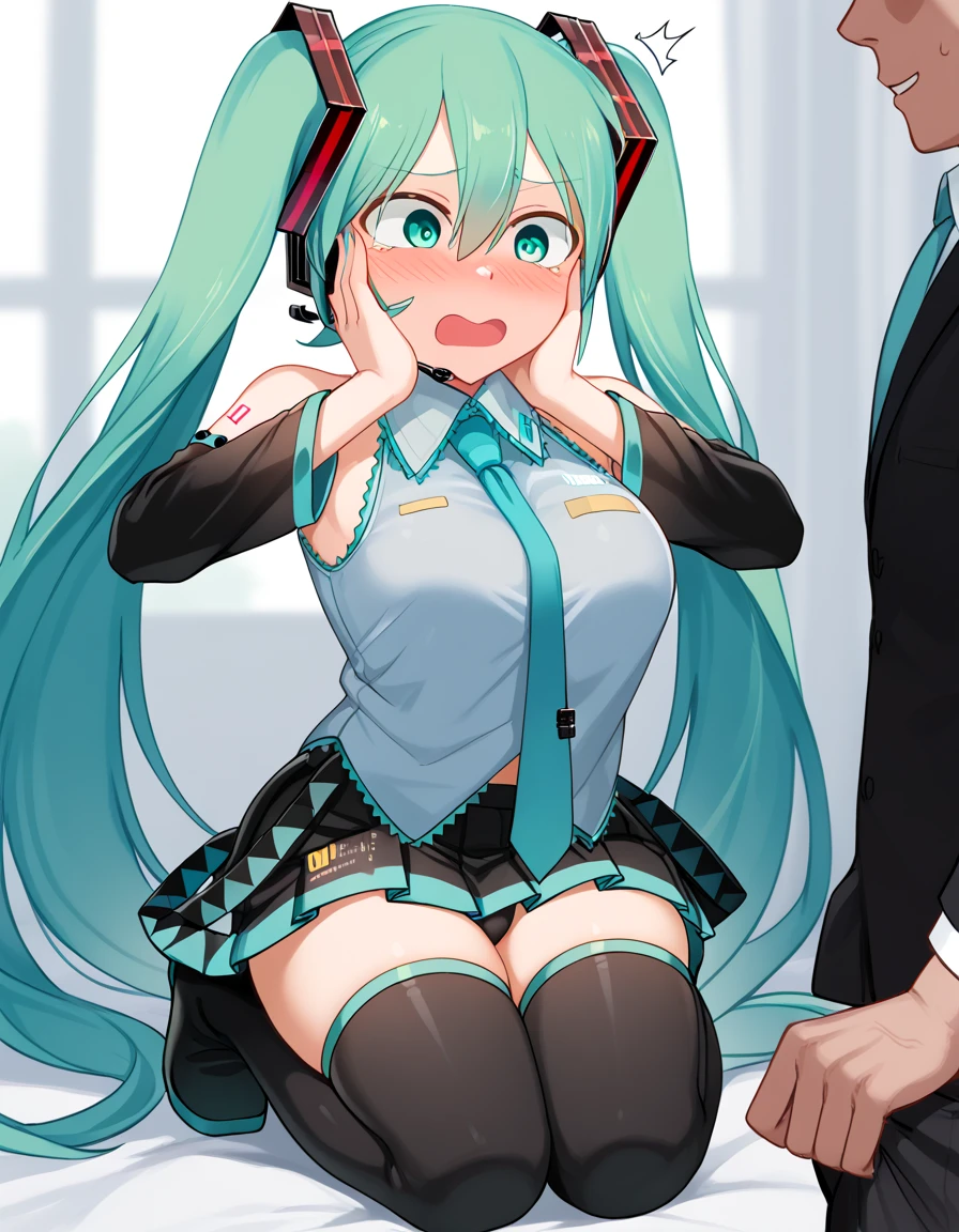 masterpiece, Great, Great, 1 girl, Blue eyes, shirt, pleated skirt, medium breasts, sort, (( wet, , sitting on the ground, money on earth)), cumshot, ahegao face, cum, slave, slut, hatsune miku, (cum on clothes:1.4), blush , penis near face, (blowjob:1.5), sucking penis, 1girl, 1boy, fellatio, sucking big penis, oral sex , nsfw, hardcore, penis too big, cum, full blush, on a knee, ((full body shot)), abs