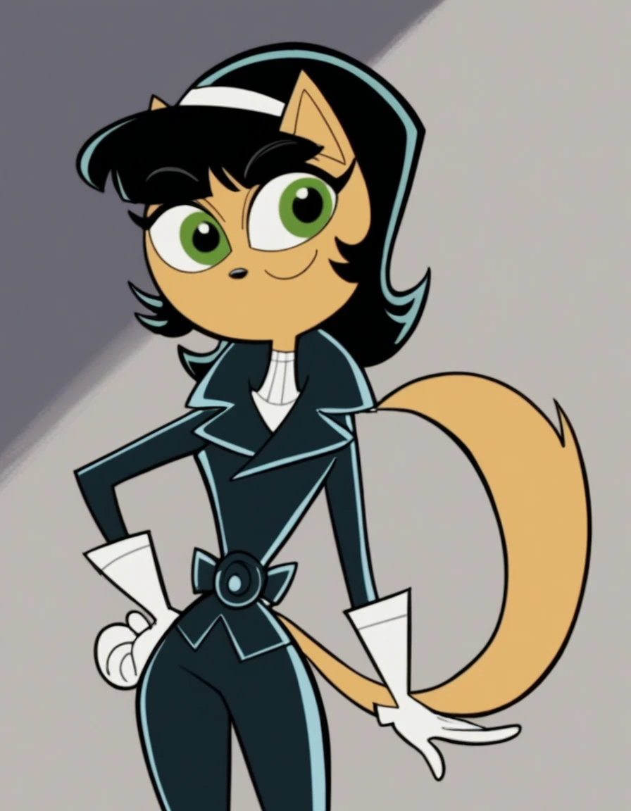 Kitty Katswell, solo, tail, gloves, furry, white gloves,black bodysuit,long sleeves,white hairband, smile,  furry female, cat ears, 1girl, cat girl, black hair, short hair, standing, green eyes,score_9, score_8_up, score_7_up, score_6_up, score_5_up, score_4_up, looking at viewer,hand on hip, cowboy shot,