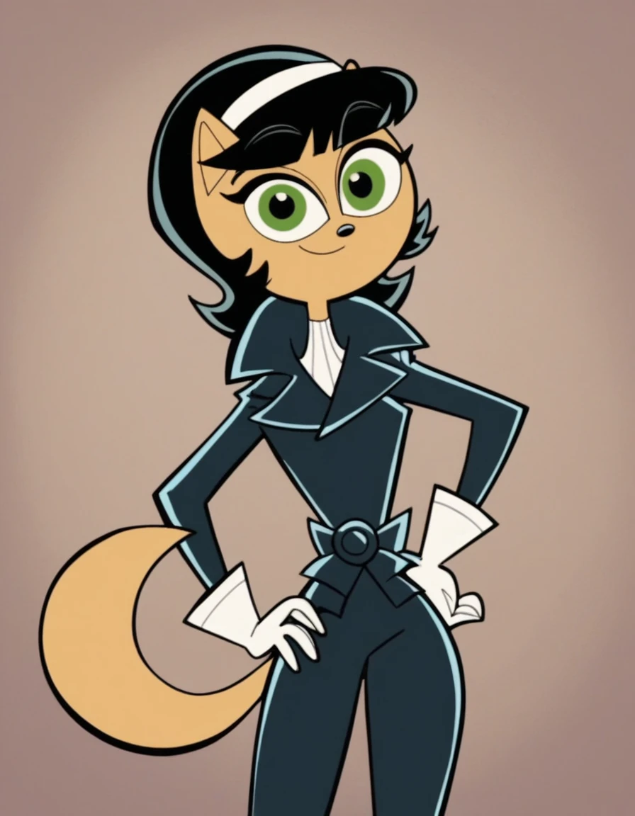 Kitty Katswell, solo, tail, gloves, furry, white gloves,black bodysuit,long sleeves,white hairband, smile,  furry female, cat ears, 1girl, cat girl, black hair, short hair, standing, green eyes,score_9, score_8_up, score_7_up, score_6_up, score_5_up, score_4_up, looking at viewer,hand on hip, cowboy shot,