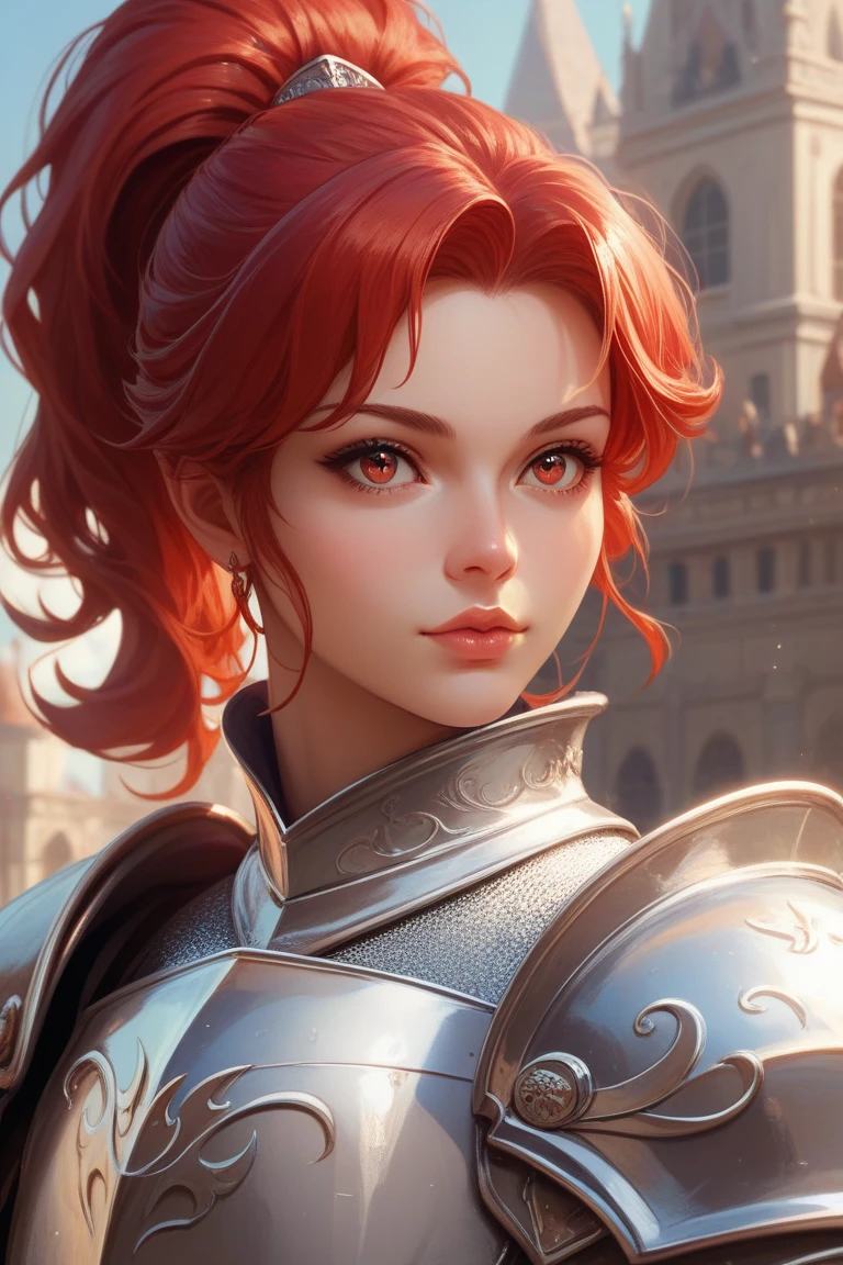 masterpiece,The best quality at its best,High resolution,8k,((Portraiture)),(Head close-up),Original photo,Actual photo,Digital photography,(Medieval fantasy female adventurer),(Fantasy medieval valkyrie),18-year-old girl,(黒とredのヘアグラデーション),red short hair,red eyes,(red and gray gradient short hair,red),(Big Breasts),Lavish décor,Lips parted,Make your lips look more attractive and glamorous,((red面する)),Arrogant contempt,calm and handsome,(Medieval Fantasy Battle Suit,joint armor,Lightweight Leather Protection,Beautiful magic badge,Medieval armor made from a combination of leather and metal,Delicate pattern,Cape),(Woman warrior),Photo pose,medieval character medieval fantasy style,Background of the ancient city,oc rendering reflection texture