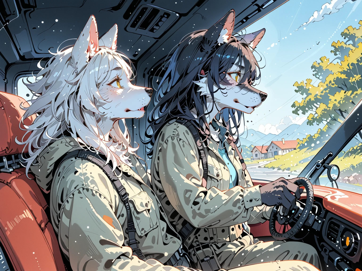 (couple of wolf:1.3),1boy\((wolf:1.4),(kemono),(furry),(old:1.3),(driving army combat bike)\),1girl\((wolf:1.4),(kemono),(furry),breast,holding gun, (at sidecar)\),.dynamic angle,dynamic blur,bike action scene. score_9, score_8_up, score_7_up, score_6_up, score_5_up, score_4_up, source_anime,source_furry,rating_safe,rating_questionable,masterpiece, best quality, perfect anatomy , very aesthetic , absurdres,