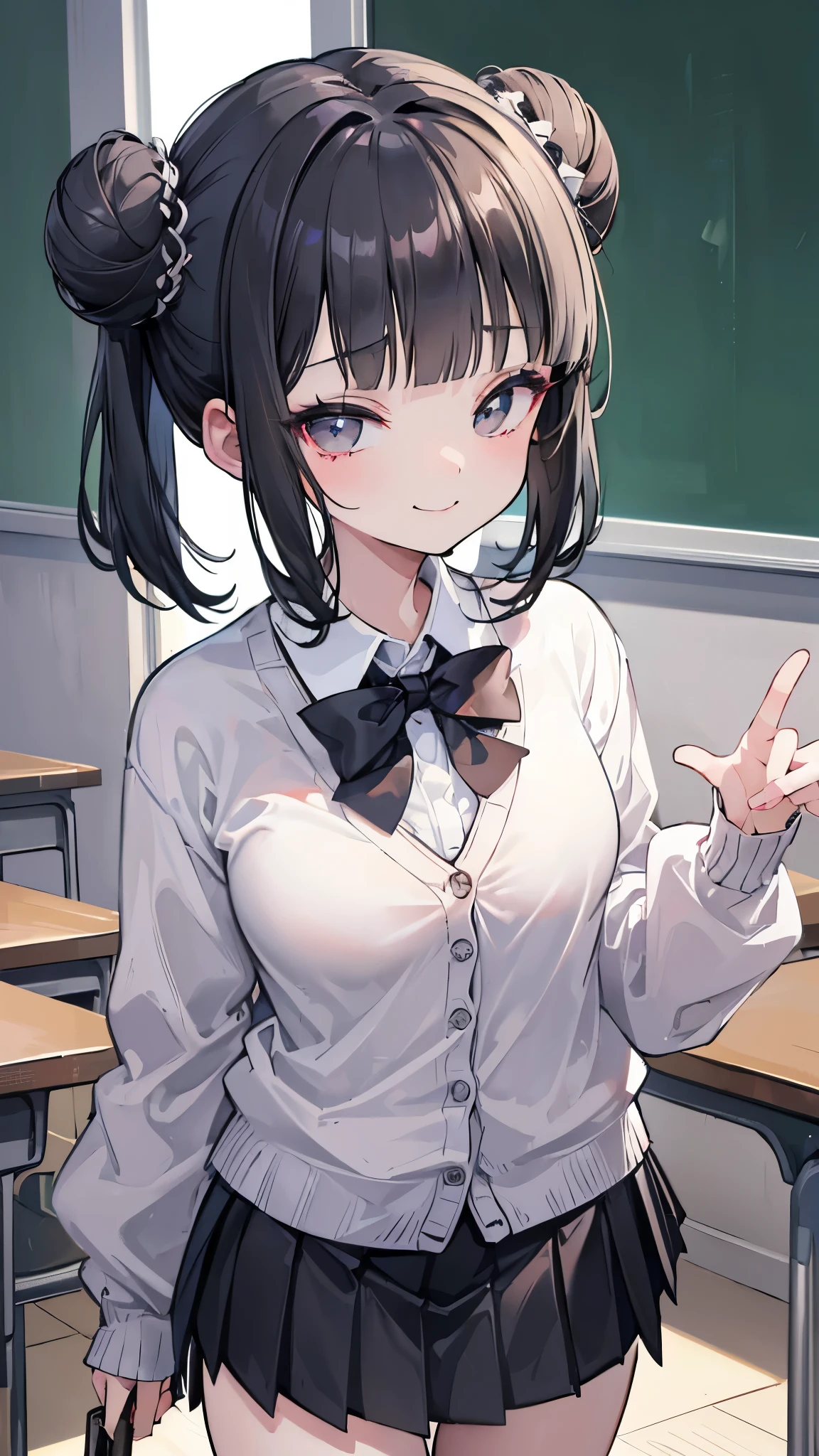 (8K、Best image quality、Highest quality、masterpiece)、Detailed face、 One girl、Black Hair、Long Hair、side braid、Grey Eyes、evil smile、Small breasts、((White shirt))、A bow tie、((gray cardigan))、((Black pleated skirt))、((micro kirt lift))、((black panties))、Cowboy Shot、Shoot from below、Gym storeroom