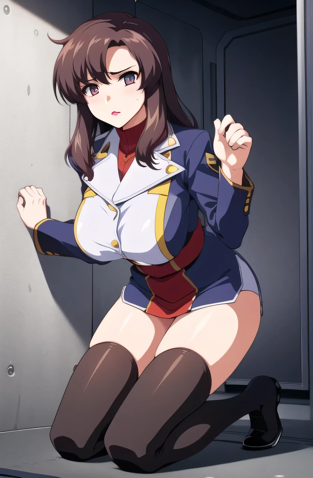 (Highest quality、Masterpiece、Very detailed、4K)、One woman、Big Breasts、17 years old、uniform、((Confident々))、smile、((Angle from below))、No panties、Spread