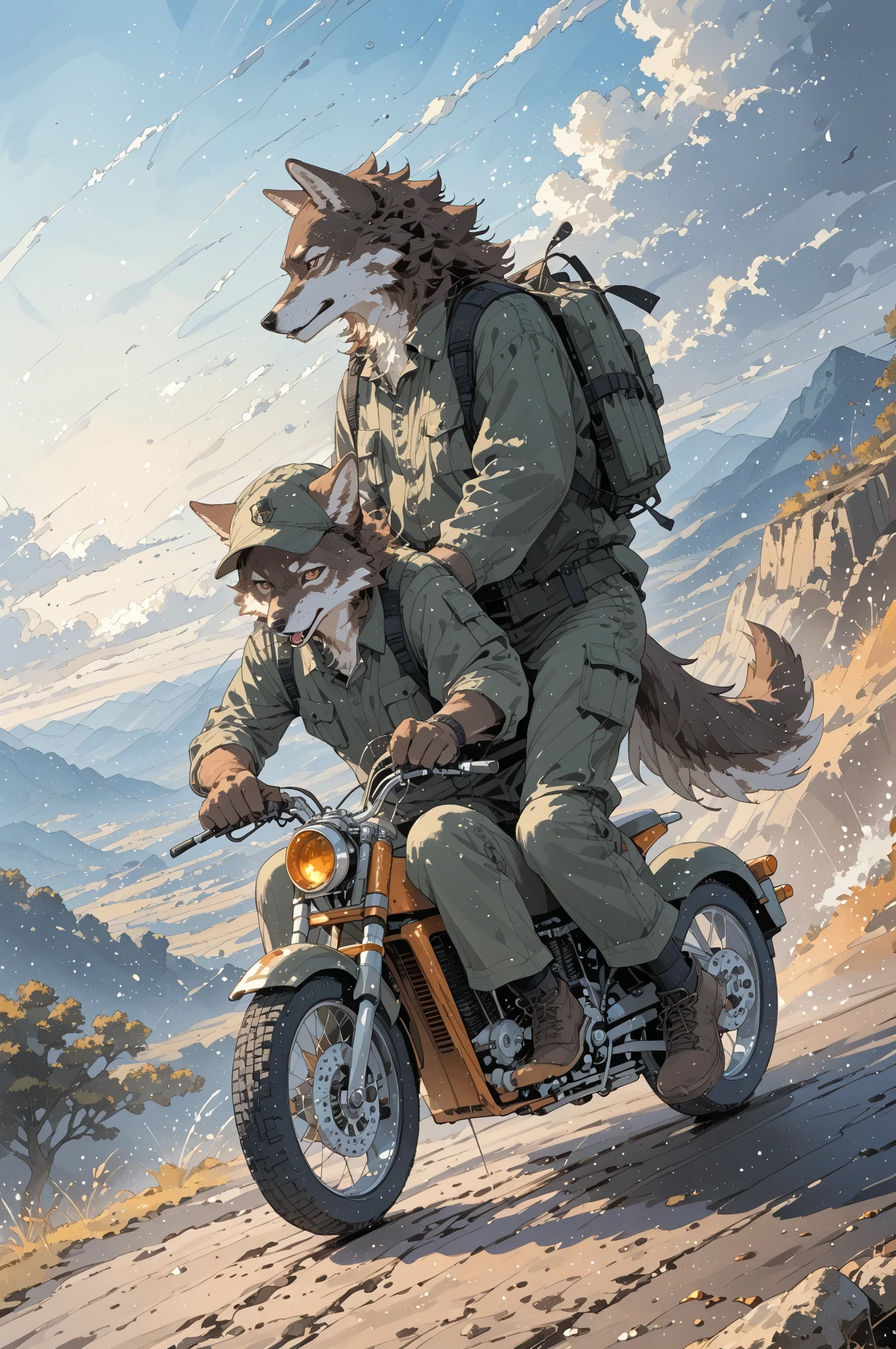 (couple of wolf:1.3),1boy\((wolf:1.4),(kemono),(furry),(old:1.3),(driving army combat bike)\),1girl\((wolf:1.4),(kemono),(furry),breast,holding gun at sidecar\),.dynamic angle,dynamic blur,bike action scene. score_9, score_8_up, score_7_up, score_6_up, score_5_up, score_4_up, source_anime,source_furry,rating_safe,rating_questionable,masterpiece, best quality, perfect anatomy , very aesthetic , absurdres,(landscape:0.5)