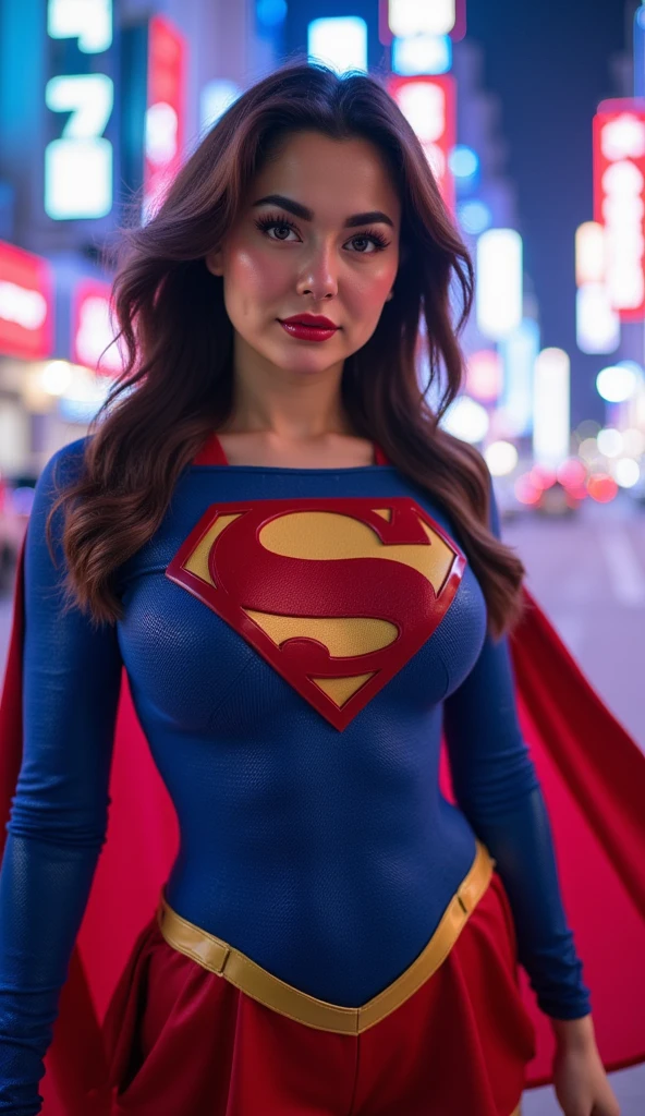 Hania Amir in Supergirl costume, HD, remastered, HQ, 4K quality, cyberpunk cityscape, The very sexy Supergirl with her neckline outfit 