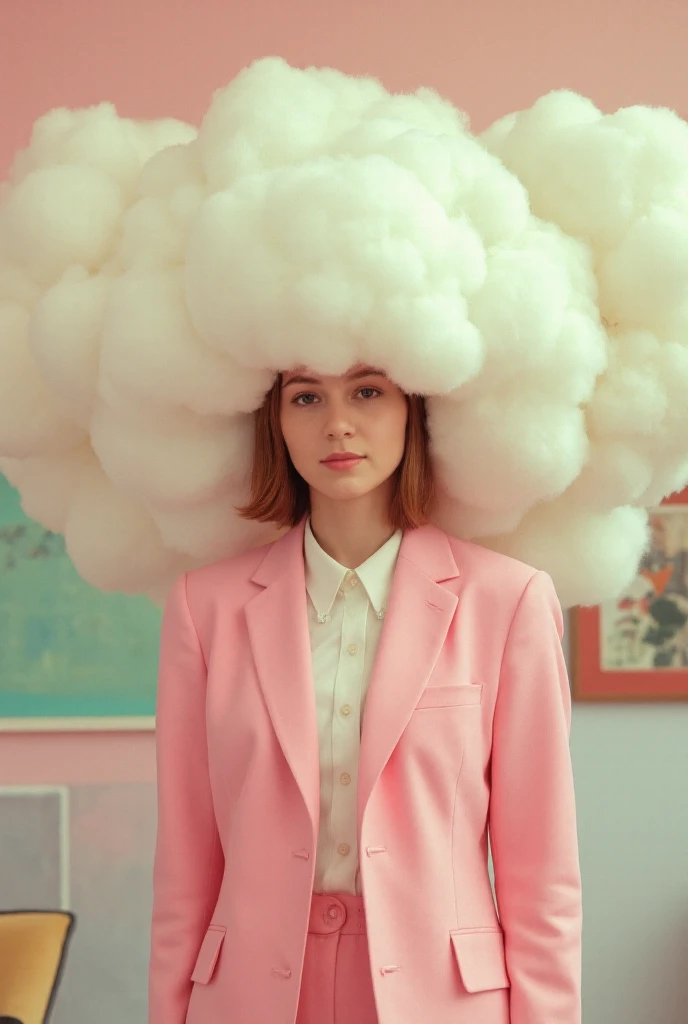 Surrealistic photograph of a girl in a business pink suit, with her head covered with large fluffy cotton clouds, face not visible. pastel color scheme with a retro-futuristic 1970s mood.


