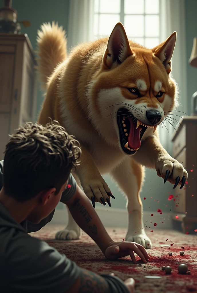 Hasky dog with big head, killing a black man on the street all bitten with blood