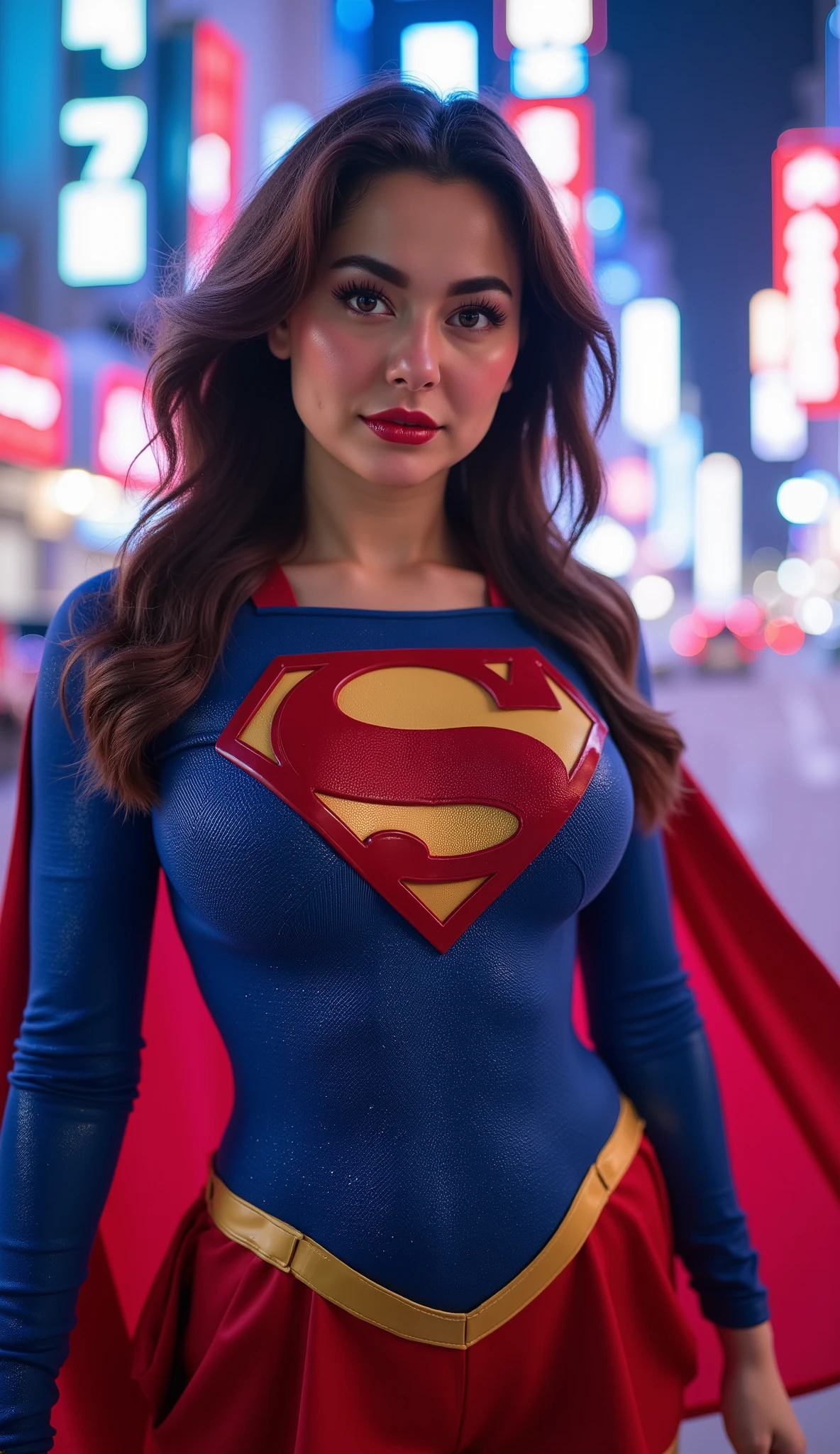 Hania Amir in Supergirl costume, HD, remastered, HQ, 4K quality, cyberpunk cityscape, The very sexy Supergirl with her neckline outfit 