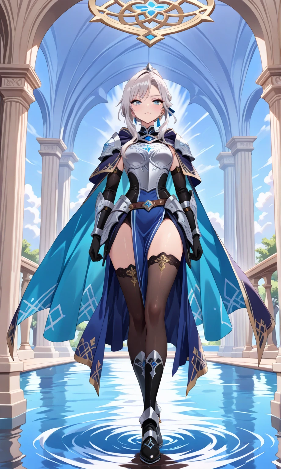 1 Girl Full Body, Elf, Silver Hair, Red Eyes, Bob Cut, Braid, Fantasy Style Costume, Facing Front, (Putting Both Hands on Their Face), (Surprised), (Blushing), Concept Art, Beautiful Anime Scene, Beautiful Anime Scenery, Top Rated on pixiv, Top Quality, 4K