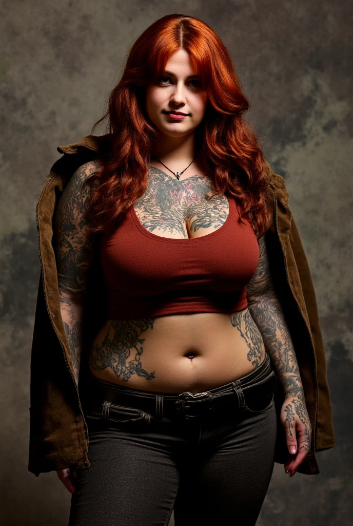 Small fat women with short red hair, naked, Tattoos