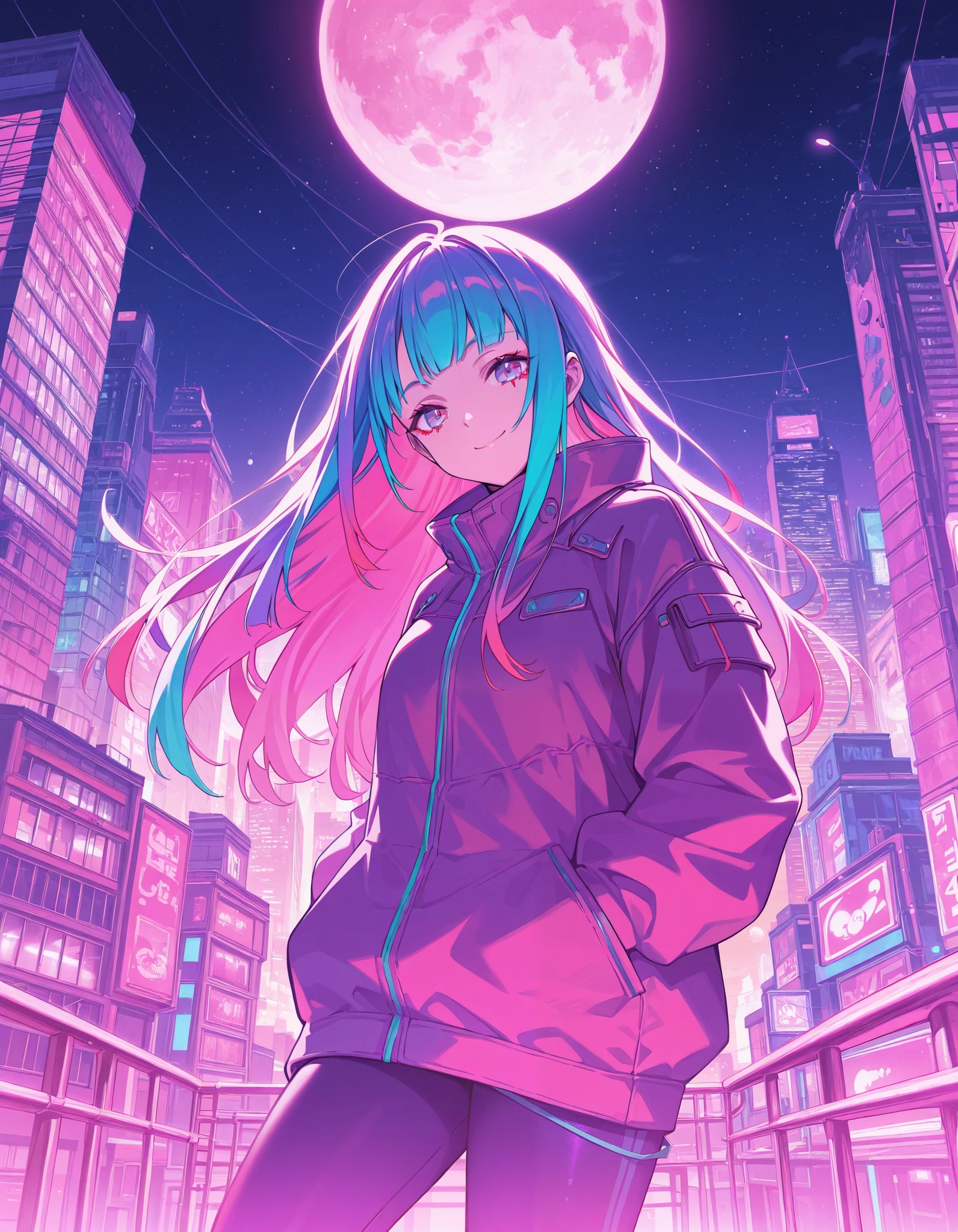 colorful, 1girl, colorful, colorful, cyberpunk, ladder, looking at viewer, moon, multicolored hair, two-tone hair, pink theme, long hair, solo, closed mouth, limited palette, full moon, building, smile, outdoor, city lights, masterpiece, best quality, newest, very awa