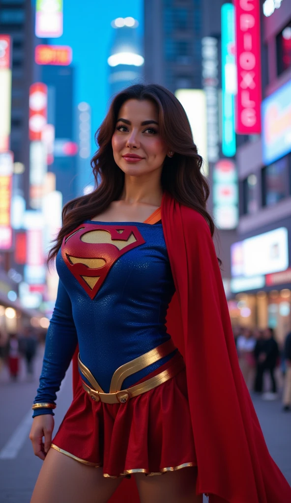 Hania Amir in Supergirl costume, HD, remastered, HQ, 4K quality, cyberpunk cityscape, The very sexy Supergirl with her neckline outfit 