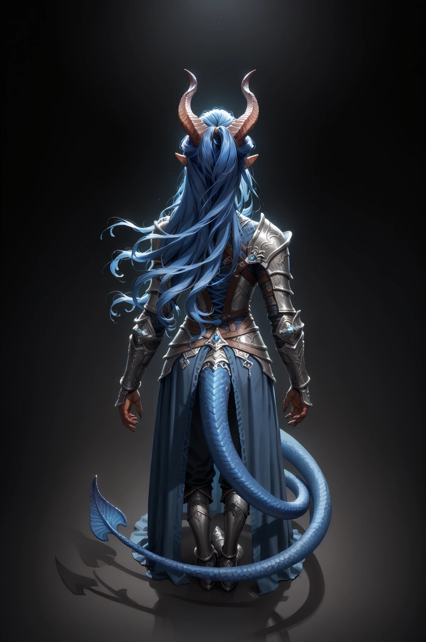 ( A sprawling cedar is growing ), standing nearby in the water  (1Тiefling ,  dark blue-gray skin :1.4), ((((very thick long tiefling dragon tail)))), ((long dark blue flowing hair)) ,  ((bright blue-grey eyes, black whites of the eyes )), ((skin pigmentation)),  girl  , (kind face), (face visible), (curiosity ), ( openness in view ), (small lips), ( curious eyes ), (30 years old), chainmail, gray-black armor ,  (( Protection on a thick long dragon blue tail)),  (( dynamic posture looks back from behind.  stands half a turn )) , ( dark grey straight short horns),  (  top quality,  masterpiece fails,   in the highest detail ) ,  fantasy background. blue tones, Dark tones.  Clear water. scale,  Dark colors , dark shades,  muted colors. (( view from above )).