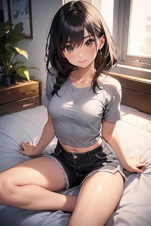 2d, Superb, (Masterpiece), (Full length), (Shiny amber hair:1.6),  (Wavy medium hair:1.6),(fluffy hair:1.3),  (Brown beautiful girl), (Healthy dark skin), (Sunburn mark), clavicle, (Denim hot pants:1.3), (White short sleeve see-through top), White camisole，JK,Slender figure ,Glamorous Bare Feet, Beautiful shiny legs,, Brown Eyes, Attractive thighs, Medium chest, bedroom, On the bed, Light from the window, Sexy expression, Sweaty, Wet Hair, Drops from hair,Put your hands on your chest, Breathless, Bold pose、