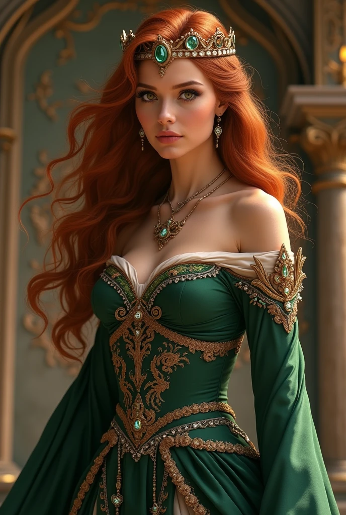 (Best Quality, HDR, professional),redhead woman with medium long hair and green eyes,(detailed eyes, detailed lips),(vibrant colors),(stylized, conceptual art),(scenic background),(soft lighting),(bokeh),beautiful clothes, elegant pose
