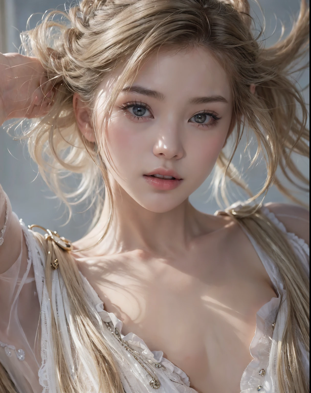 8k,Confused, High resolution, Very detailed, 1 girl, alone, Very beautiful eyes, Ultra-precise depiction, Artistic、Very detailed depiction, (Tangled:1.2), , (White high key background:1.5), (((Nude 1.5))), (((全Nude 1.5)))、 Tie your hair up、Earrings and Necklaces、Platinum Blonde Hair, (Glowing Skin), Many colors, , (Shooting from above:1.2),、Flat Body、slim、cute、、Round face、Cast a Shadow、、Smile 1.3