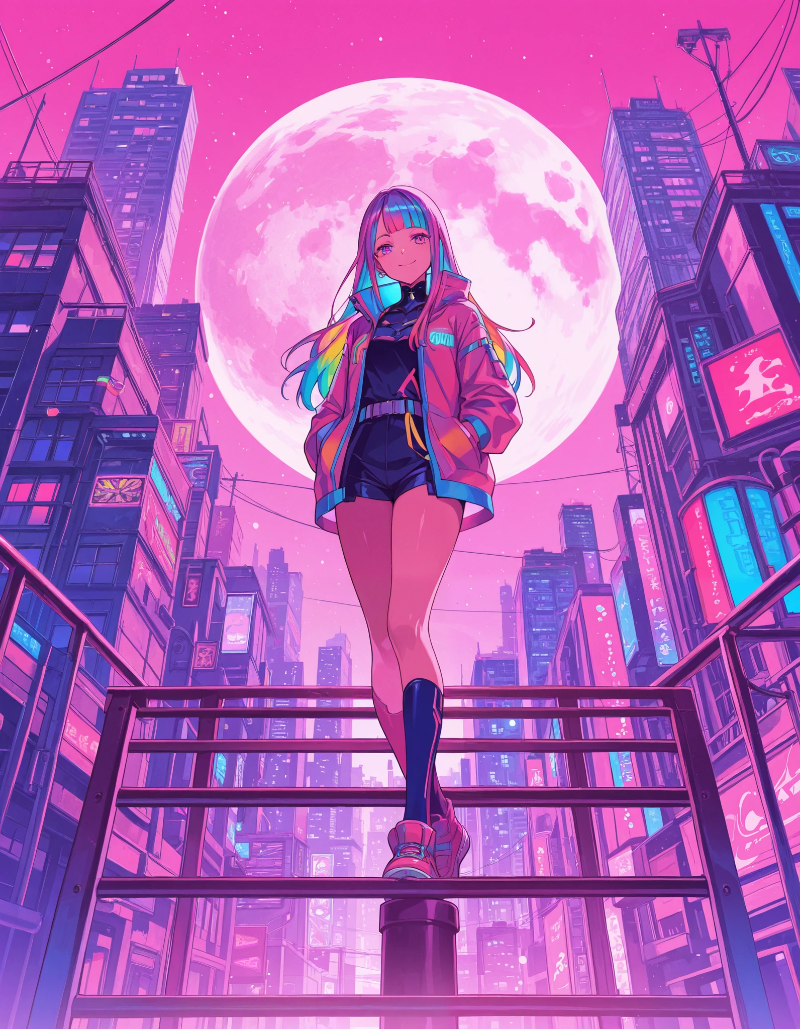 colorful, 1girl, colorful, colorful, cyberpunk, ladder, looking at viewer, moon, multicolored hair, two-tone hair, pink theme, long hair, solo, closed mouth, limited palette, full moon, building, smile, outdoor, city lights, masterpiece, best quality, newest, very awa