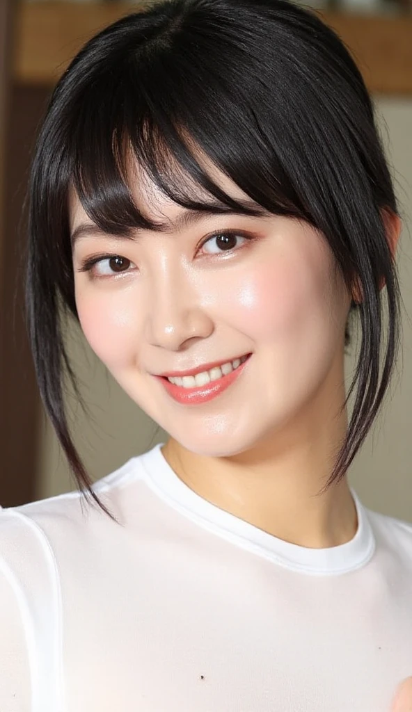 A high resolution photograph of a 31 years old Japanese actress, intricate details, sharp details, sharp focus, professional lighting, solo, 1girl, a cute lady, wearing a sheer white t-shirt, (wet clothes, covered nipples:1.2), dark hair, bowl cut with blunt bangs, shiny detailed hair, smile, upper body, perfect hand, indoors,