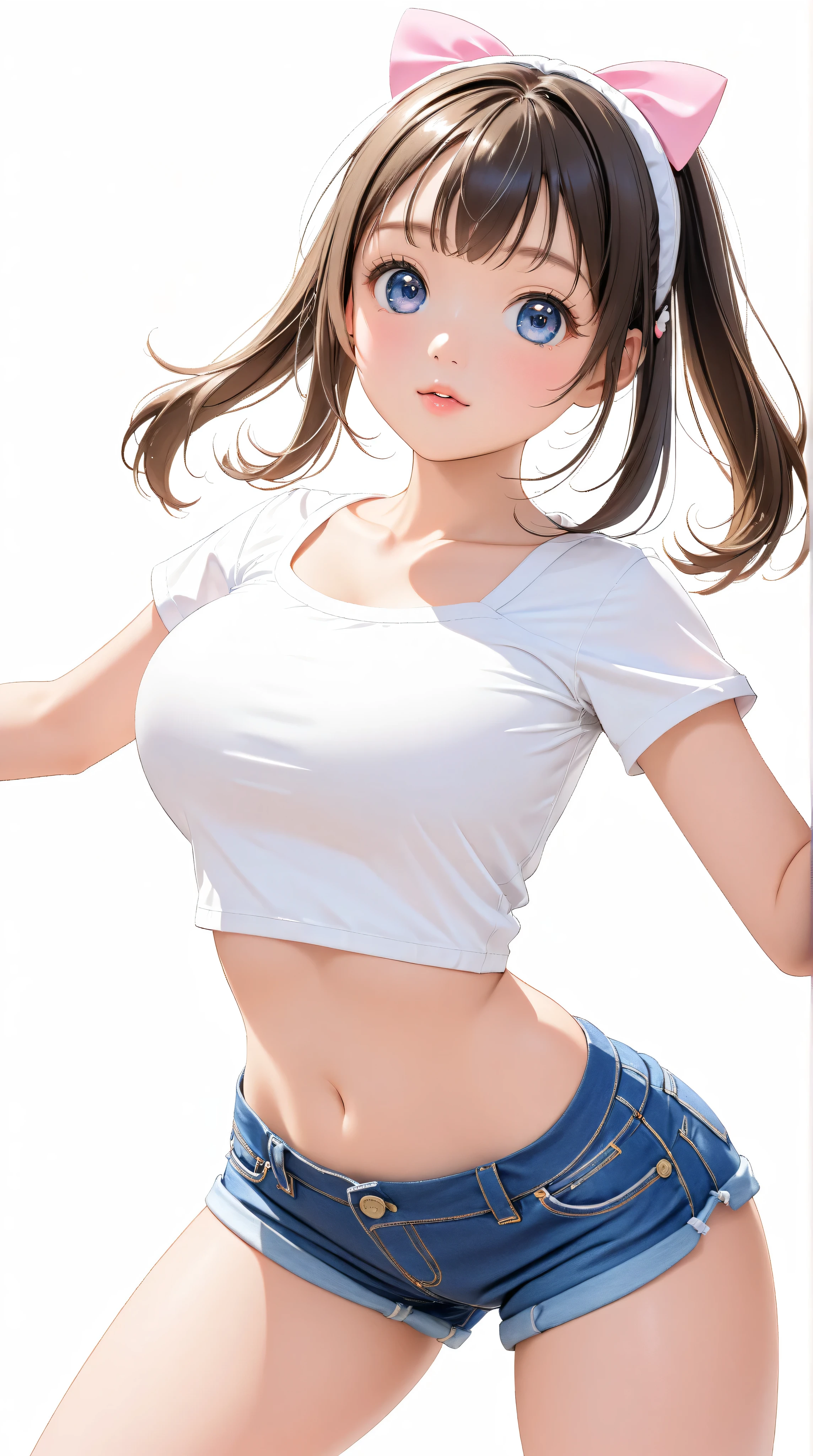 cute girl . Very kawaii , round face . alone , Slim , huge breasts , short and small . shiny skin . Pure white tube top T-shirt . shorts . dynamic poses . dynamic angle . No background , White background , looking at the audience