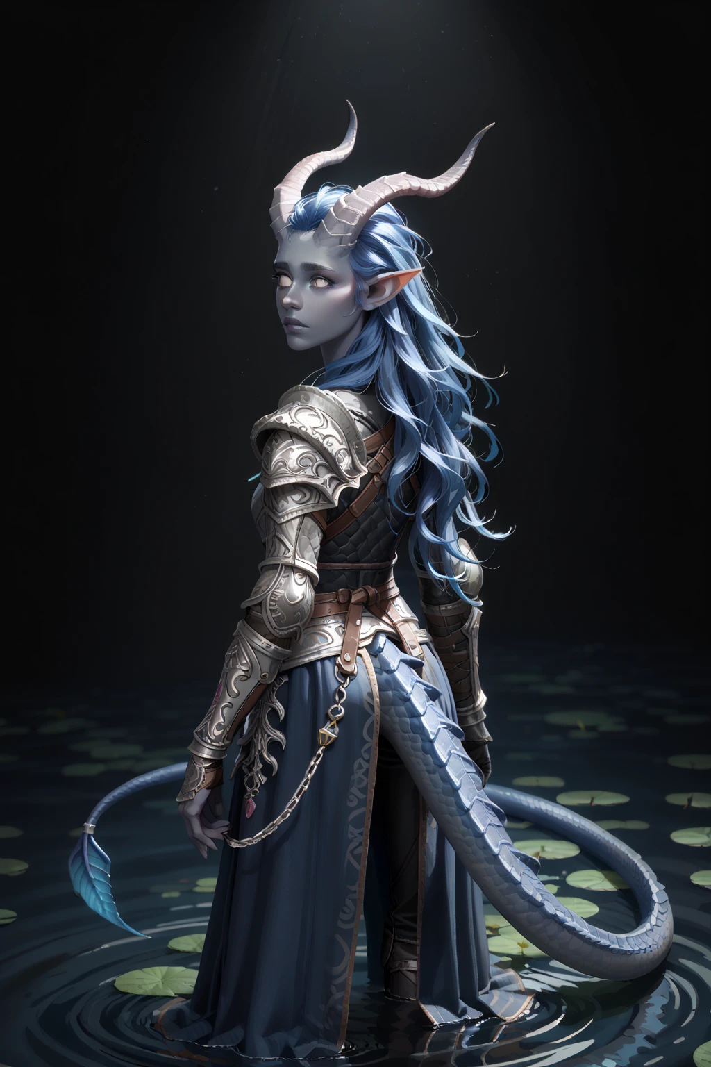 ( A sprawling cedar is growing ), standing nearby in the water  (1Тiefling ,  dark blue-gray skin :1.4), ((((very thick long tiefling dragon tail)))), ((long dark blue flowing hair)) ,  ((bright blue-grey eyes, black whites of the eyes )), ((skin pigmentation)),  girl  , (kind face), (face visible), (curiosity ), ( openness in view ), (small lips), ( curious eyes ), (30 years old), chainmail, gray-black armor ,  (( Protection on a thick long dragon blue tail)),  (( dynamic posture looks back from behind.  stands half a turn )) , ( dark grey straight short horns),  (  top quality,  masterpiece fails,   in the highest detail ) ,  fantasy background. blue tones, Dark tones.  Clear water, scale,  Dark colors , dark shades,  muted colors. (( view from above )).