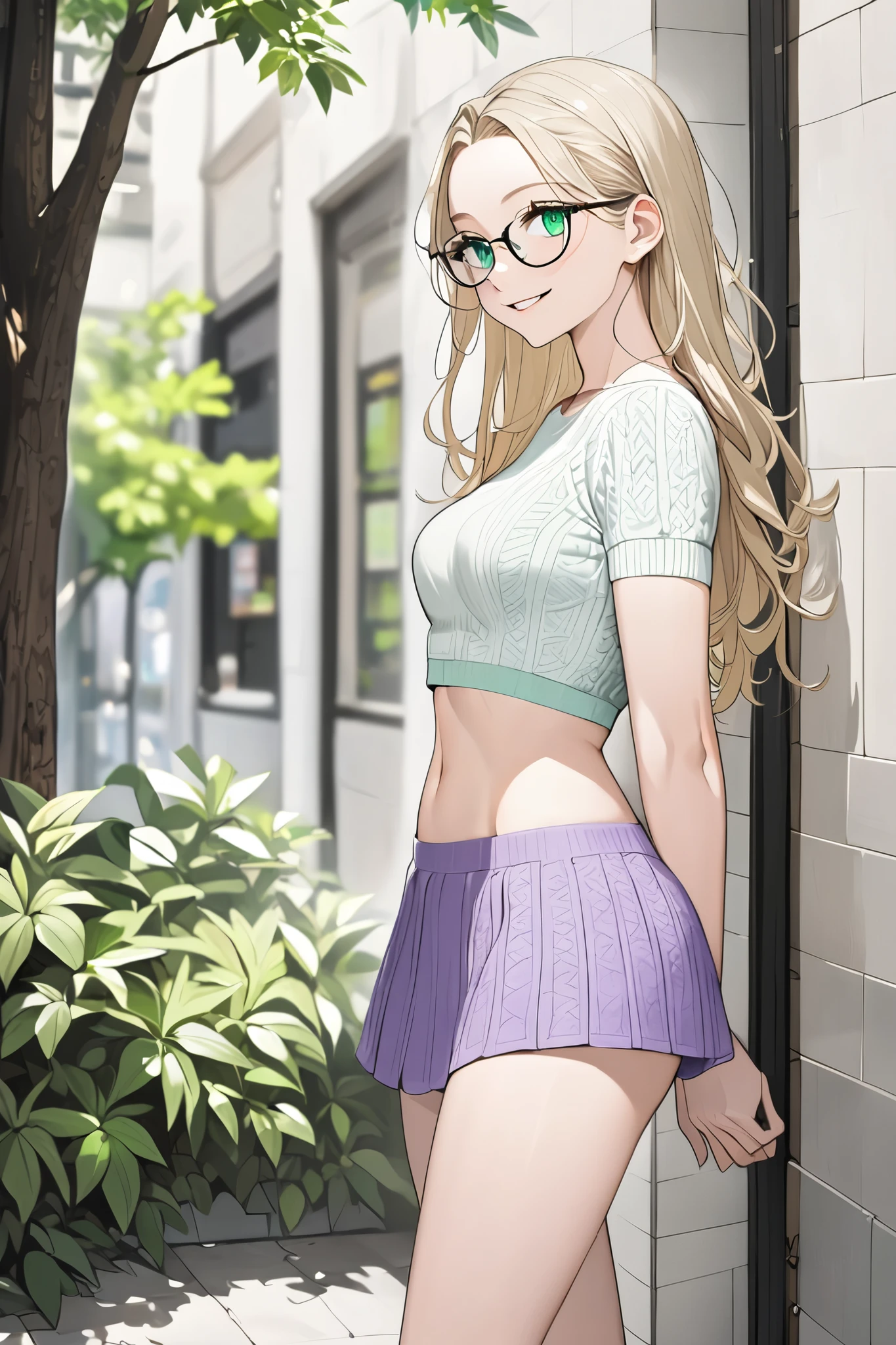 24 year old girl very beautiful with wavy blonde hair white skin green eyes medium breasts, white knitted crop top, glasses smiling, left profile, knitted skirt, bare abdomen, purple panties, thin legs, sneakers