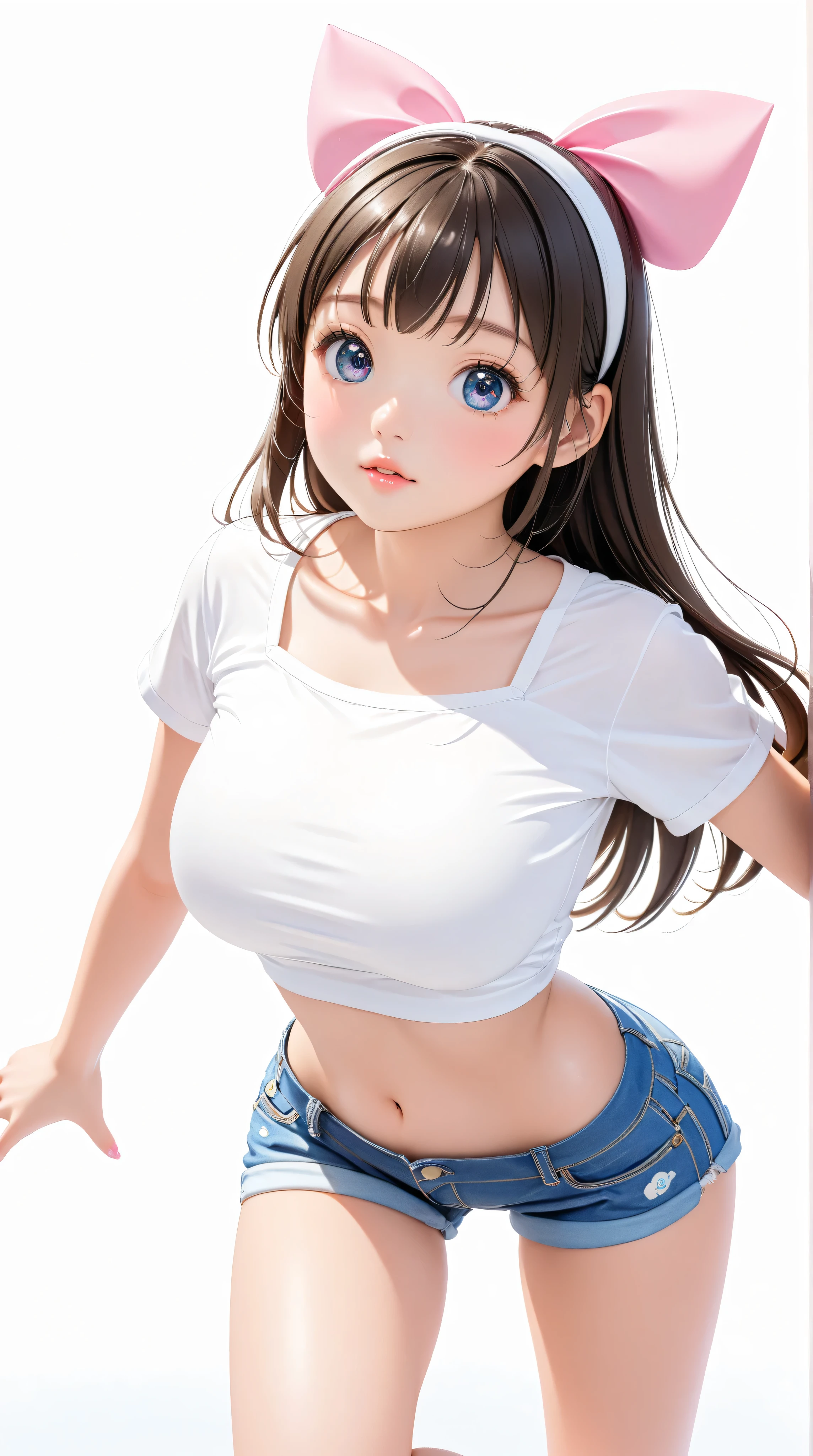 cute girl . Very kawaii , round face . alone , Slim , huge breasts , short and small . shiny skin . Pure white tube top T-shirt . shorts . dynamic poses . dynamic angle . No background , White background , looking at the audience