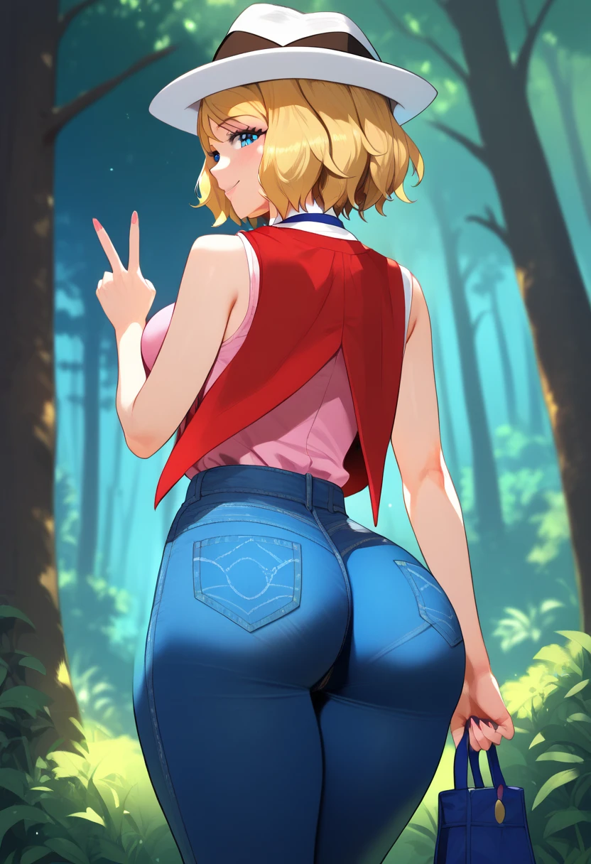 Top quality, Cinematic Shadow:0.5, Beautiful Detailed Eyes, Ultra Resolution, Depth of Field, High Resolution, Masterpiece: 1.2), (Anime Art style), (cowboy shot), (upper body), (forest), 1girl, solo, serena \(pokemon\), 1girl, blue eyes, eyelashes, short hair, blonde hair, hat, neck ribbon, blue ribbon, pink shirt, sleeveless, bare arms, red jacket, blue jeans, high waist jeans, shirt tucked in, boots, beautiful breasts, smile, peace, thick thighs, from below, legs close together, from behind, back view, ass focus, big ass, seductive, baggy jeans