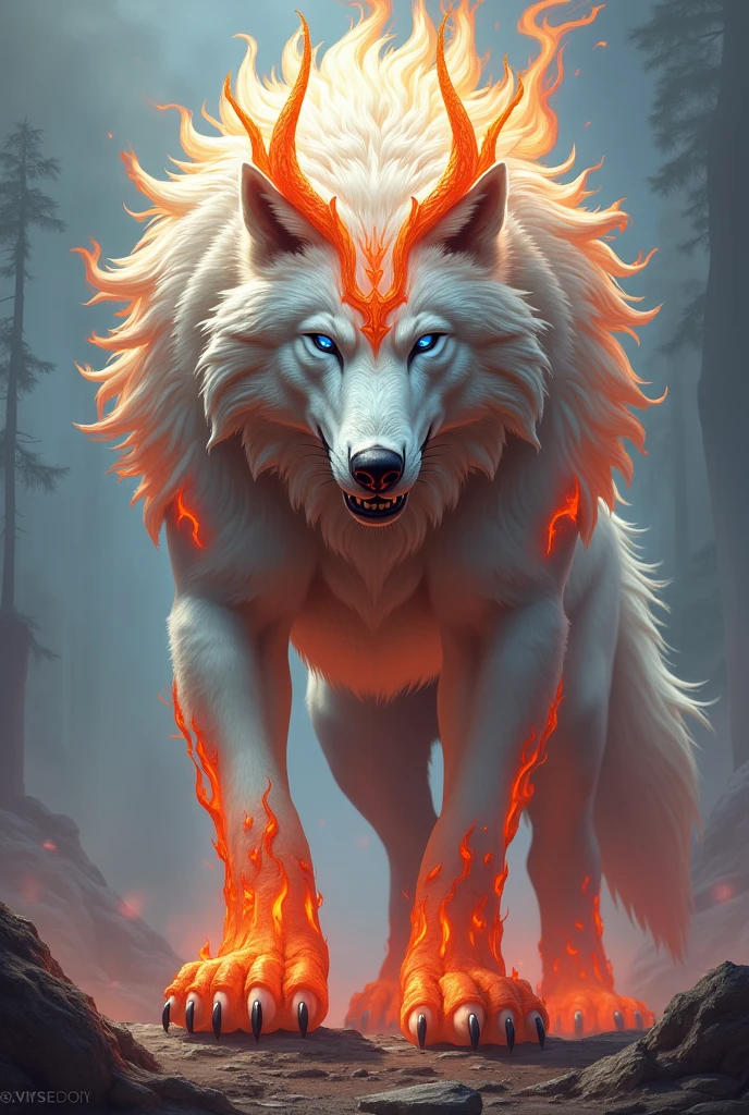 A wolf with roots and flames to tattoo on the upper shoulder towards the arm