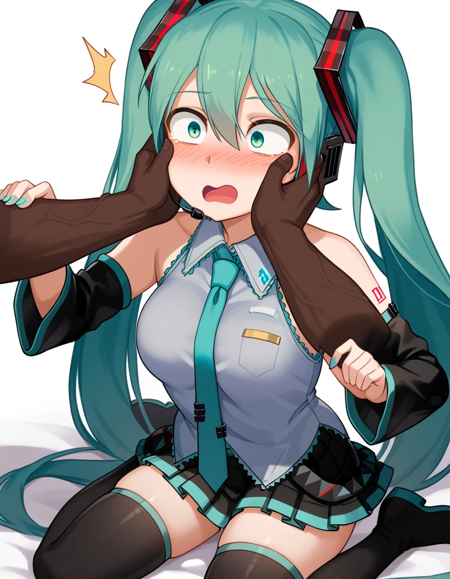 nsfw,pussy on sperm overflowing with cam,handcuffed nude,frightened Miku Hatsune,Poor Breasts,Nursery School Clothes,smock, Body Shape