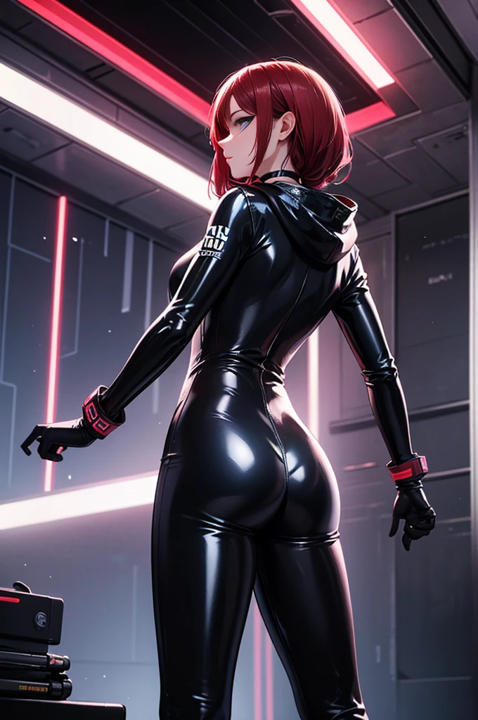 masterpiece, best quality, high resolution, full body, uniform, leather hotpants , long legs, knee high socks, black heeled boots, latex crop top, red hair, ponytail, bare shoulders, turtleneck, underboobs, back shot, from behind, looking away, looking into distance, grey background, upwards shot