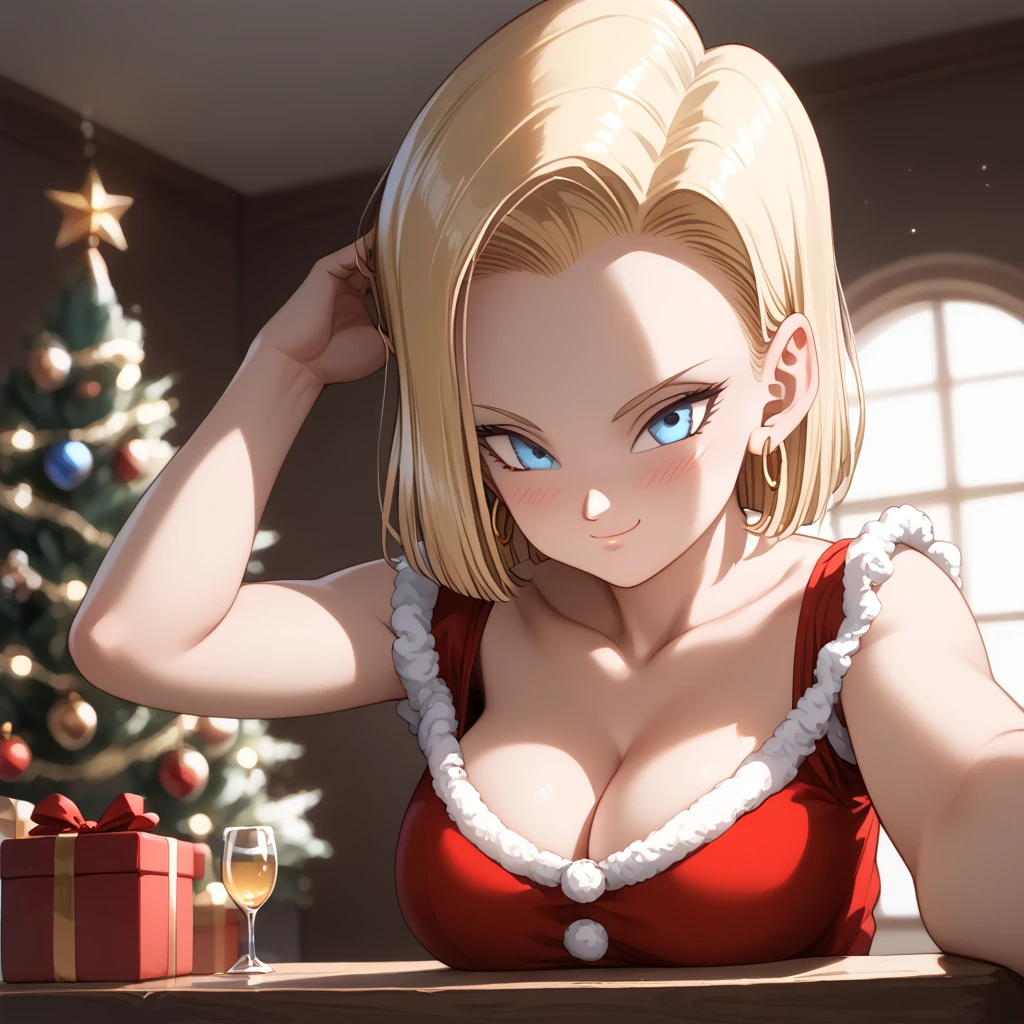 sysdeep_android18, android 18, blonde hair, blue eyes, eyelashes, hoop earrings, short hair, earrings, photorealistic, detailed coloring, anime style, detailed high quality, chromatic aberrations, ultra detailed quality skin, detailed ray tracing lighting,, masterpiece、 best quality、masterpiece, high definition , 8K quality, perfect face, solo, 1 girl, beautiful face, beautiful detailed eyes, Alone, cute face、nose blush, red cheek, large butt, looking at viewer, wearing a smug expression, looking down, (from below), cleavage, closed mouth, standing, hair slicked back, collarbone, Staring at the viewer, (Christmas costume,mini skirt,), ass line, sitting on table, crossed legs, arm behind head, sexy pose, sensual expression, sensual pose, blurry background, festive decorations, twinkling lights, decorated Christmas tree, cozy indoor setting, warm color tones,upper body