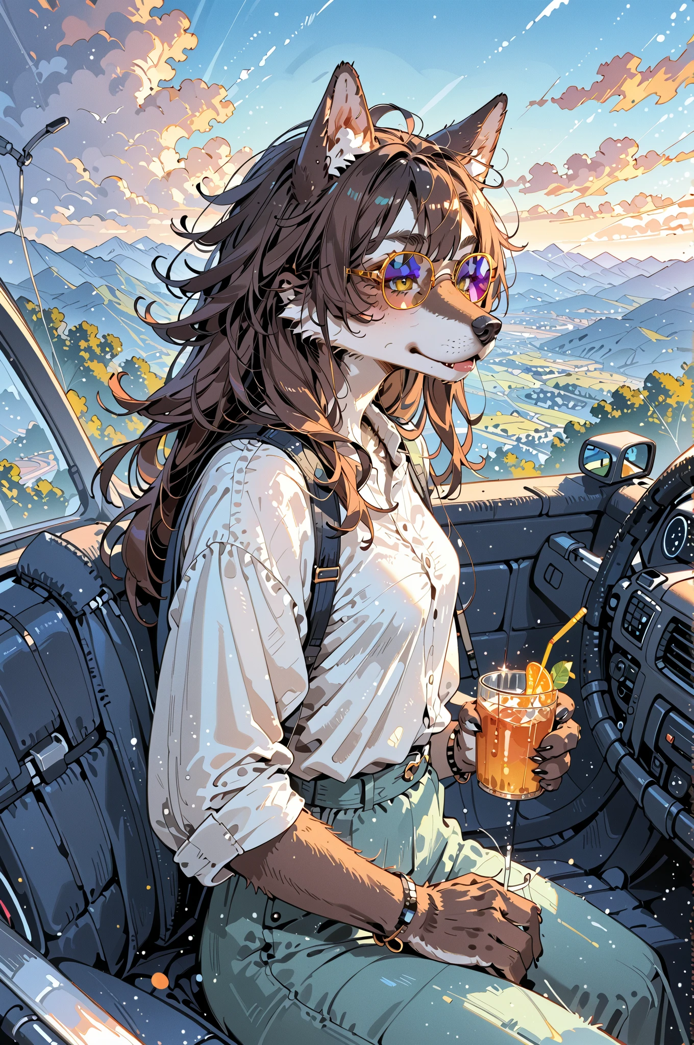 (couple of wolf:1.3),1girl\((wolf:1.4),(kemono),(furry),sunglasses,(driving car)\),1girl\((wolf:1.4),(kemono),(furry),breast,drinking\),.dynamic angle,dynamic blur,dynamic car action,. score_9, score_8_up, score_7_up, score_6_up, score_5_up, score_4_up, source_anime,source_furry,rating_safe,rating_questionable,masterpiece, best quality, perfect anatomy , very aesthetic , absurdres,(landscape:0.5)