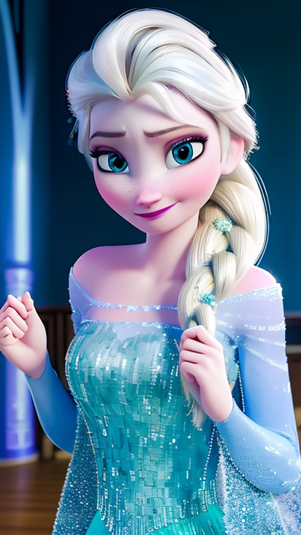 elsa \(frozen\) in the corridor of the library, looking at viewer,smirking,Elsa's Sparkling Blue Dress,upper body,single braid, worm light,upper body,   incredibly absurdres,ultra-detailed, wallpaper,realistic,photorealistic,raw photo,masterpiece,best quality,