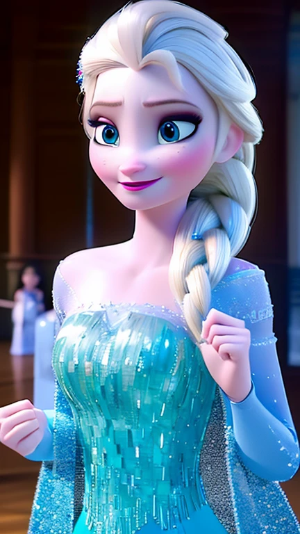 elsa \(frozen\) in the corridor of the library, looking at viewer,smirking,Elsa's Sparkling Blue Dress,upper body,single braid, worm light,upper body,   incredibly absurdres,ultra-detailed, wallpaper,realistic,photorealistic,raw photo,masterpiece,best quality,