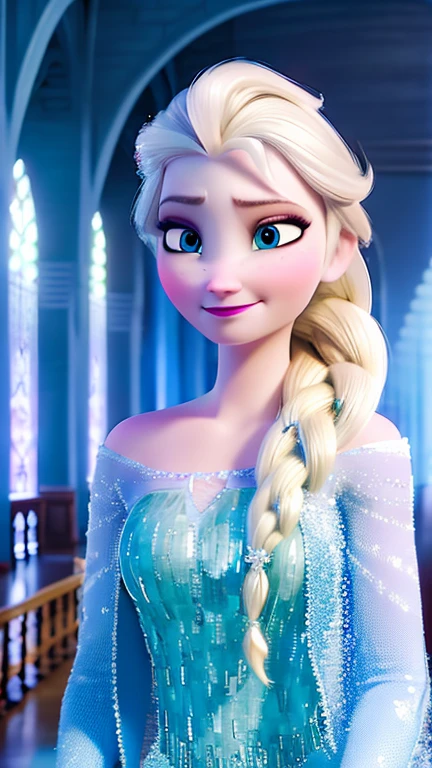 elsa \(frozen\) in the corridor of the library, looking at viewer,smirking,Elsa's Sparkling Blue Dress,upper body,single braid, worm light,upper body,   incredibly absurdres,ultra-detailed, wallpaper,realistic,photorealistic,raw photo,masterpiece,best quality,